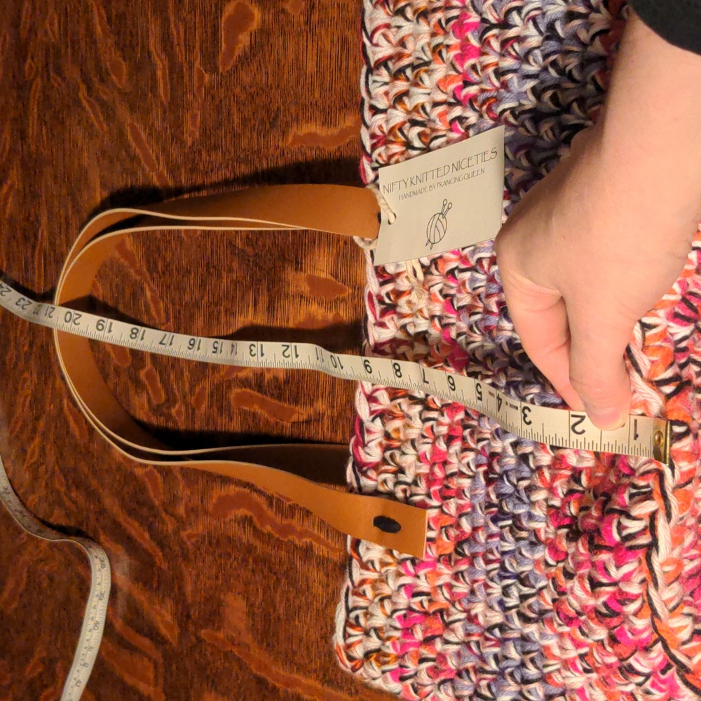 Handmade Crochet Multicolor Market Basket Tote Tan Faux Leather Straps - Picture 3 of 7